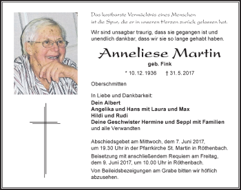 Traueranzeige von Anneliese Martin von Der Westallgäuer