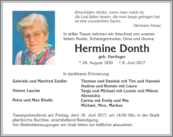 Traueranzeige von Hermine Donth von Allgäuer Zeitung, Kaufbeuren/Buchloe