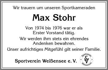 Traueranzeige von Max Stohr von Allgäuer Zeitung, Füssen
