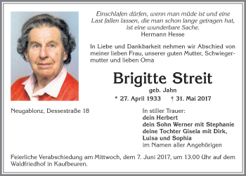 Traueranzeige von Brigitte Streit von Allgäuer Zeitung, Kaufbeuren/Buchloe