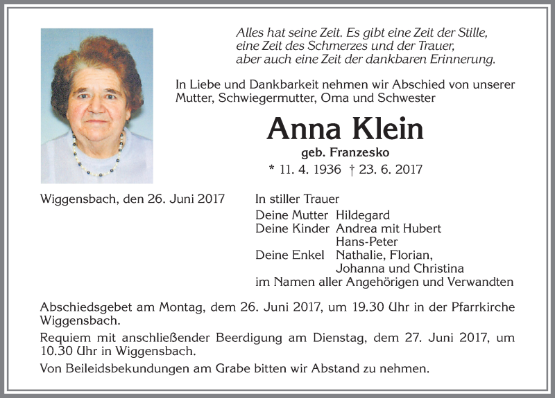  Traueranzeige für Anna Klein vom 26.06.2017 aus Allgäuer Zeitung,Kempten