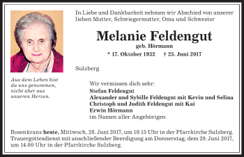 Traueranzeige von Melanie Feldengut von Allgäuer Zeitung,Kempten