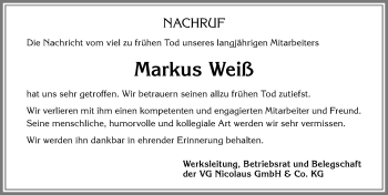 Traueranzeige von Markus Weiß von Allgäuer Zeitung,Kempten