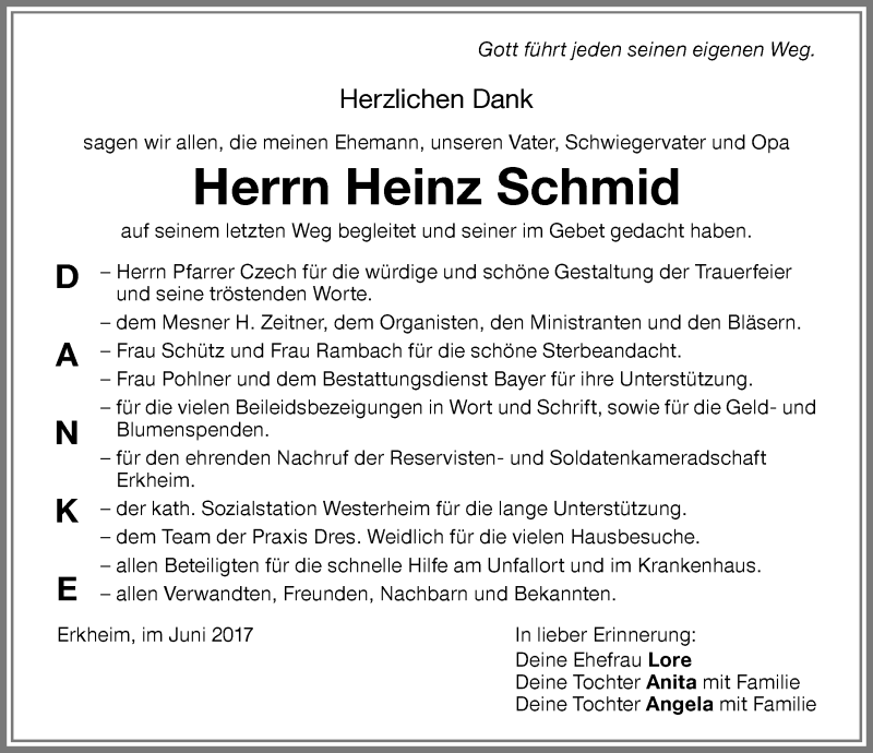  Traueranzeige für Heinz Schmid vom 02.06.2017 aus Memminger Zeitung