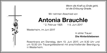Traueranzeige von Antonia Brauchle von Memminger Zeitung