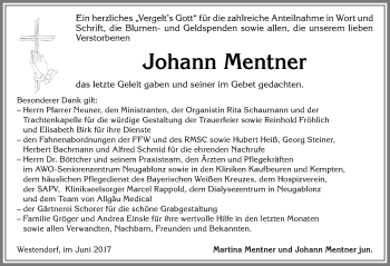 Traueranzeige von Johann Mentner von Allgäuer Zeitung, Kaufbeuren/Buchloe