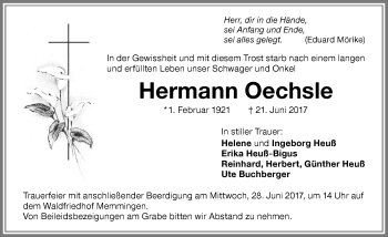 Traueranzeige von Hermann Oechsle von Memminger Zeitung