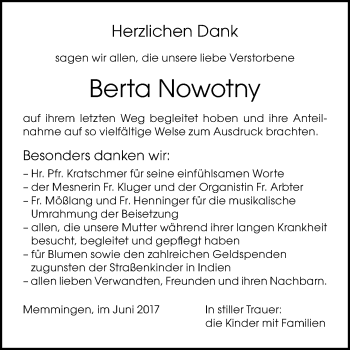 Traueranzeige von Berta Nowotny von Memminger Zeitung