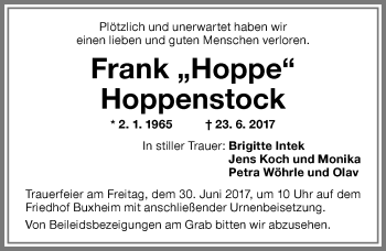 Traueranzeige von Frank Hoppenstock von Memminger Zeitung
