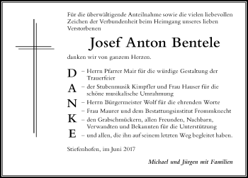 Traueranzeige von Josef Anton Bentele von Der Westallgäuer