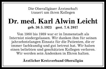 Traueranzeige von Karl Alwin Leicht von Allgäuer Anzeigeblatt