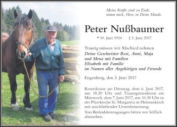 Traueranzeige von Peter Nußbaumer von Der Westallgäuer