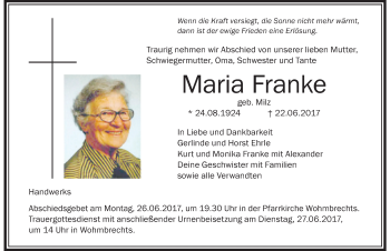 Traueranzeige von Maria Franke von Der Westallgäuer