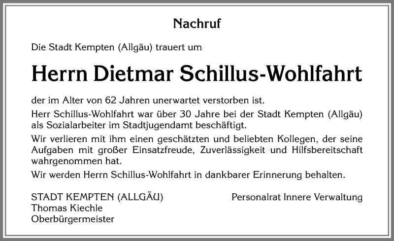  Traueranzeige für Dietmar Schillus-Wohlfahrt vom 12.06.2017 aus Allgäuer Zeitung,Kempten