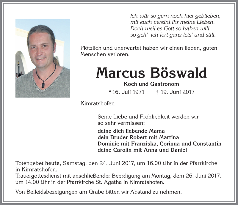  Traueranzeige für Marcus Böswald vom 24.06.2017 aus Allgäuer Zeitung,Kempten