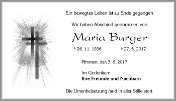 Traueranzeige von Maria Burger von Allgäuer Zeitung, Füssen