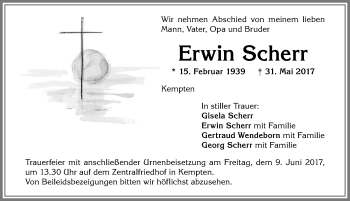 Traueranzeige von Erwin Scherr von Allgäuer Zeitung,Kempten