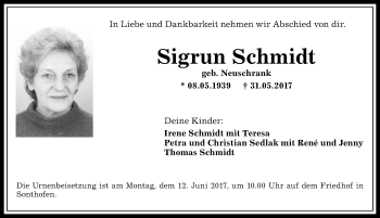 Traueranzeige von Sigrun Schmidt von Allgäuer Anzeigeblatt