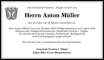 Traueranzeige von Anton Müller von Allgäuer Anzeigeblatt
