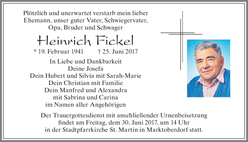  Traueranzeige für Heinrich Fickel vom 28.06.2017 aus Allgäuer Zeitung, Marktoberdorf