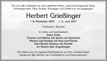 Traueranzeige von Herbert Grießfinger von Allgäuer Zeitung,Kempten
