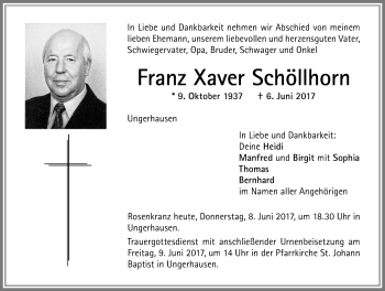 Traueranzeige von Franz Xaver Schöllhorn von Memminger Zeitung