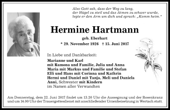 Traueranzeige von Hermine Hartmann von Allgäuer Anzeigeblatt