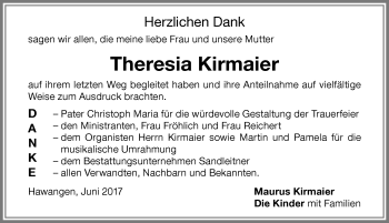 Traueranzeige von Theresia Kirmaier von Memminger Zeitung