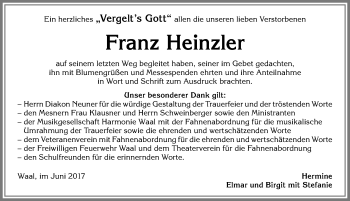 Traueranzeige von Franz Heinzler von Allgäuer Zeitung, Kaufbeuren/Buchloe
