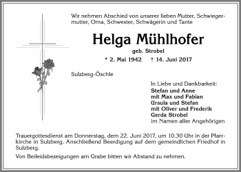 Traueranzeige von Helga Mühlhofer von Allgäuer Zeitung,Kempten
