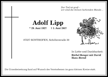 Traueranzeige von Adolf Lipp von Allgäuer Anzeigeblatt