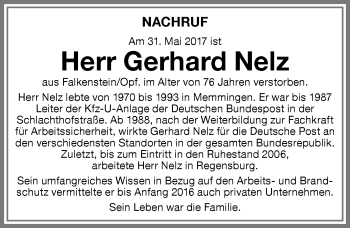 Traueranzeige von Gerhard Nelz von Memminger Zeitung