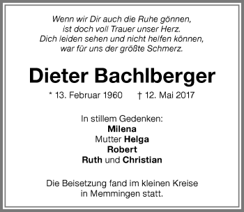 Traueranzeige von Dieter Bachlberger von Memminger Zeitung