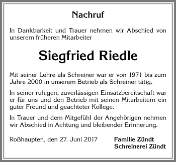Traueranzeige von Siegfried Riedle von Allgäuer Zeitung, Füssen