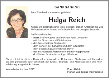 Traueranzeige von Helga Reich von Memminger Zeitung