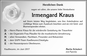 Traueranzeige von lrmengard Kraus von Allgäuer Zeitung, Kaufbeuren/Buchloe
