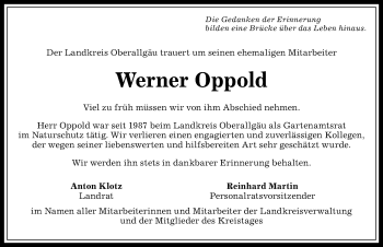 Traueranzeige von Werner Oppold von Allgäuer Anzeigeblatt