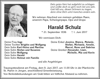 Traueranzeige von Harald Schulz von Allgäuer Zeitung