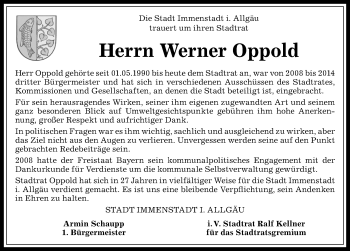 Traueranzeige von Werner Oppold von Allgäuer Anzeigeblatt