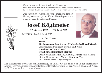 Traueranzeige von Josef Köglmeier von Allgäuer Anzeigeblatt