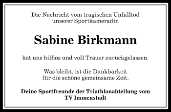 Traueranzeige von Sabine Birkmann von Allgäuer Anzeigeblatt