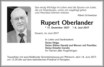 Traueranzeige von Rupert Oberlander von Allgäuer Zeitung,Kempten