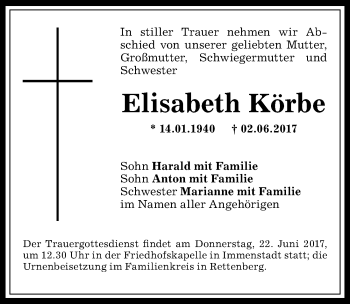 Traueranzeige von Elisabeth Körbe von Allgäuer Anzeigeblatt