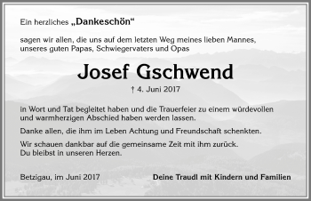 Traueranzeige von Josef Gschwend von Allgäuer Zeitung,Kempten