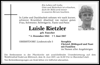 Traueranzeige von Luisle Rietzler von Allgäuer Anzeigeblatt