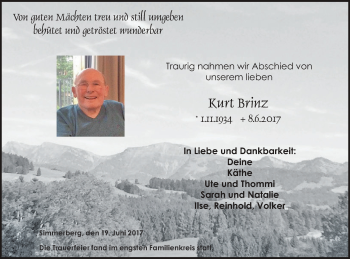 Traueranzeige von Kurt Brinz von Der Westallgäuer
