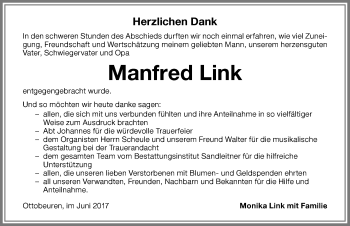 Traueranzeige von Manfred Link von Memminger Zeitung