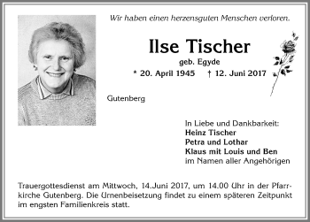 Traueranzeige von Ilse Tischer von Allgäuer Zeitung, Kaufbeuren/Buchloe