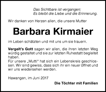 Traueranzeige von Barbara Kirmaier von Memminger Zeitung