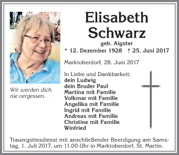 Traueranzeige von Elisabeth Schwarz von Allgäuer Zeitung, Marktoberdorf